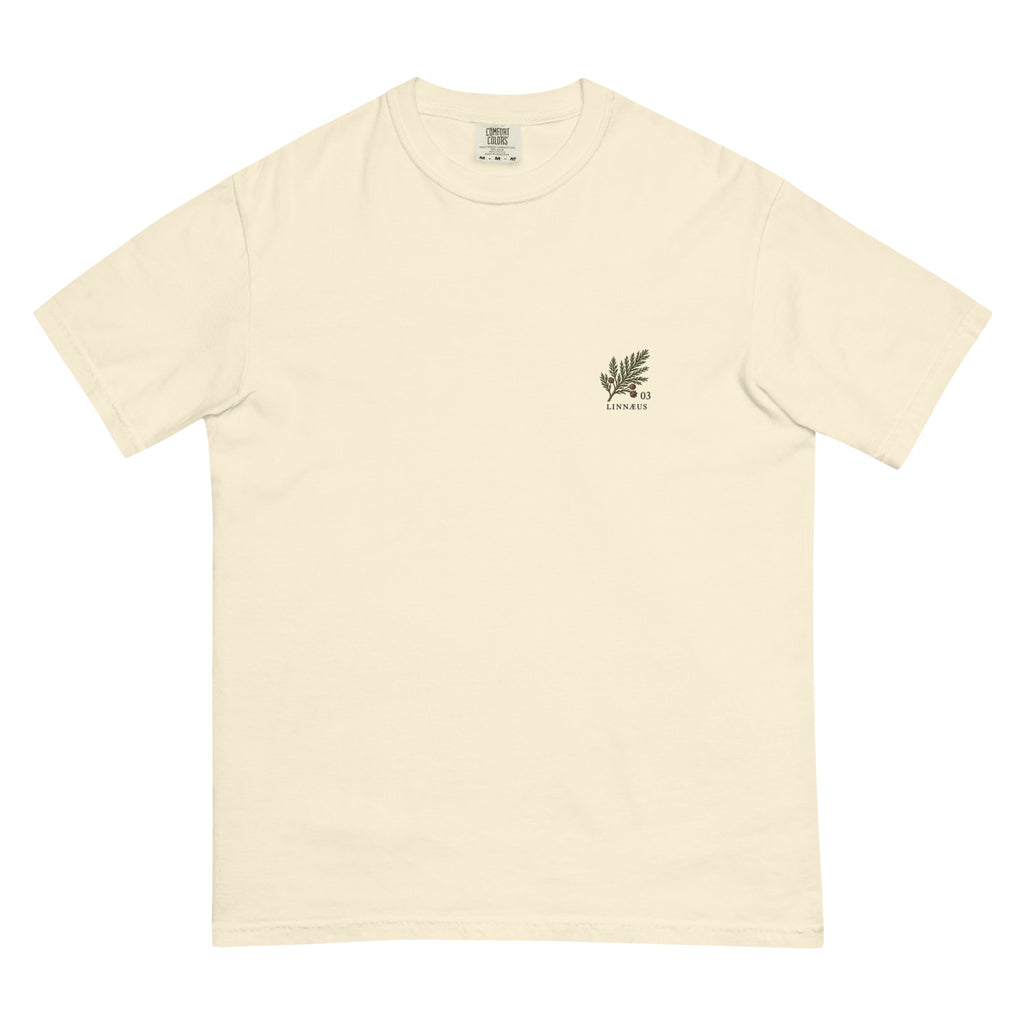 Ivory Bald Cypress T-shirt, front view with small left-chest botanical illustration