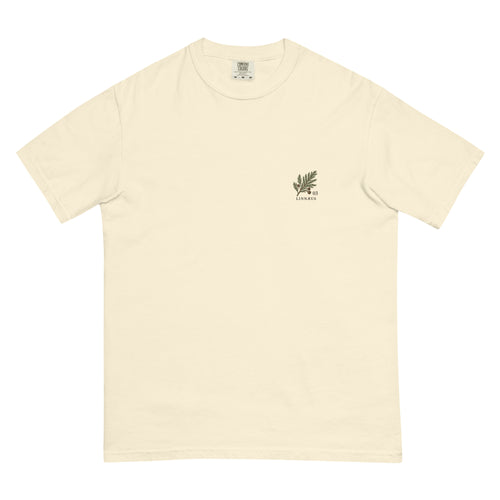 Ivory Bald Cypress T-shirt, front view with small left-chest botanical illustration